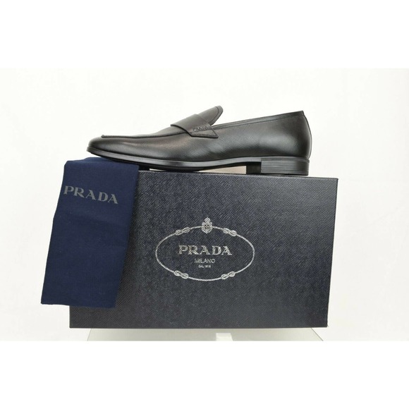 PRADA 2DC127 BLACK SAFFIANO LEATHER LETTERING LOGO PENNY LOAFERS 12 US 13 - Picture 4 of 12